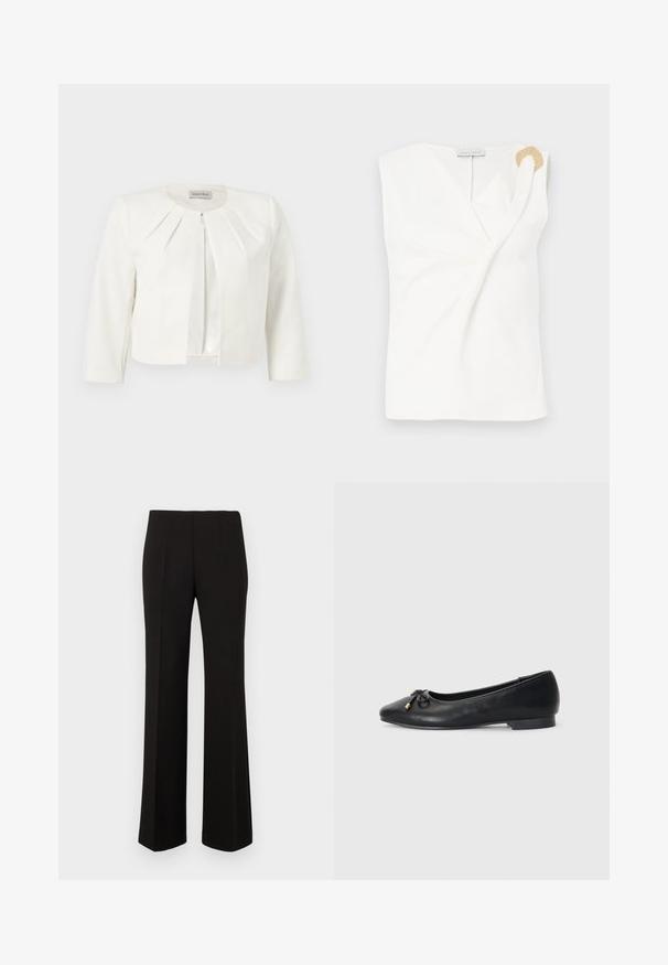 Blazer blanc court à manches trois-quarts avec des détails plissés autour du col, par Anna Field.; Blouse sans manches blanche avec un design croisé, présentant un détail décoratif en forme d'anneau doré sur l'épaule droite.; Pantalons droits noirs sur mesure avec taille haute et plis devant, présentés sur un fond uni.; Ballerines en cuir noir avec un bout pointu, présentant un petit nœud et des accents dorés, ainsi qu'un petit talon arrondi.