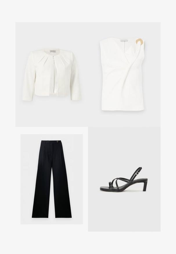 Blazer blanc court à manches trois-quarts avec des détails plissés autour du col, par Anna Field.; Blouse sans manches blanche avec un design croisé, présentant un détail décoratif en forme d'anneau doré sur l'épaule droite.; Pantalon noir à jambes larges, taille haute, fermeture boutonnée à l’avant, avec passants de ceinture, présenté sur fond blanc.; Sandale noire à lanières avec un bout carré et un petit talon bloc. Elle présente plusieurs fines lanières et une sangle de cheville ajustable. Fabriquée en cuir lisse.