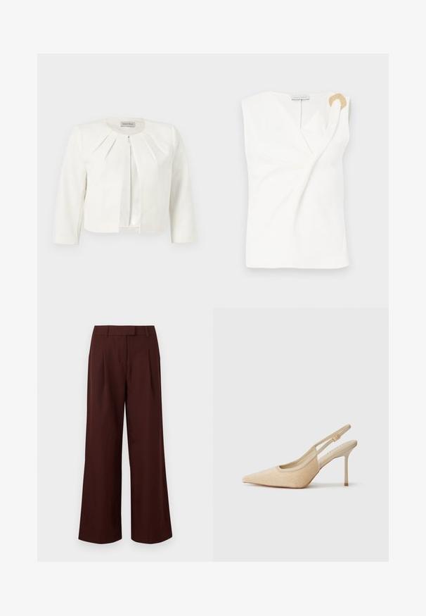 Blazer blanc court à manches trois-quarts avec des détails plissés autour du col, par Anna Field.; Blouse sans manches blanche avec un design croisé, présentant un détail décoratif en forme d'anneau doré sur l'épaule droite.; Pantalon à jambes larges et taille haute de couleur marron foncé, avec passants de ceinture et plis sur le devant, présenté sur un fond blanc uni.; Escarpins slingback beiges à bout pointu, fabriqués dans un matériau texturé, avec un talon fin et une sangle ajustable.
