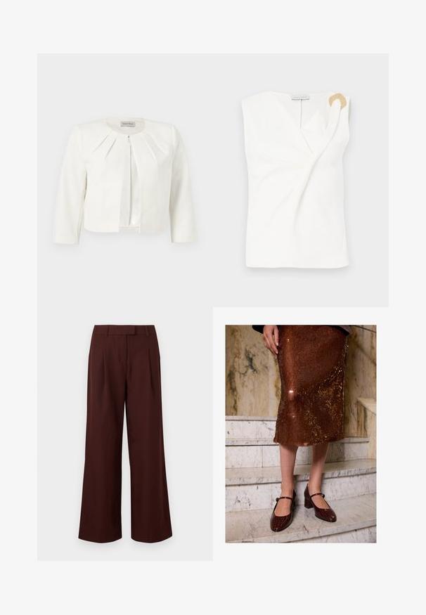Hvid cropped blazer med trekvartlange ærmer og plisseret detaljer omkring kraven fra Anna Field.; Ærmeløs hvid bluse med en indpakningsdesign, der har en guldfarvet dekorativ ringdetalje på den højre skulder.; Bukser med vide ben og høj talje i mørkebrun med bæltestropper og forreste læg, vist på en ensfarvet hvid baggrund.; Kvinne iført en brun paljettemidi-skjørt og mørkebrune krokodille-teksturerte Mary Jane-hæler som står på marmortrapper.