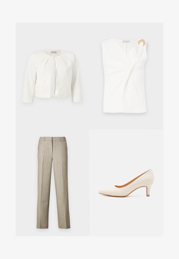 Blazer blanc court à manches trois-quarts avec des détails plissés autour du col, par Anna Field.; Blouse sans manches blanche avec un design croisé, présentant un détail décoratif en forme d'anneau doré sur l'épaule droite.; Pantalon beige à fines rayures avec une coupe droite, doté d'une ceinture structurée et d'une texture subtile sur l'ensemble du tissu.; Chaussure à talon haute en cuir blanc avec un bout pointu et un talon fin, légèrement incliné. Texture lisse avec un design minimaliste et une semelle beige.