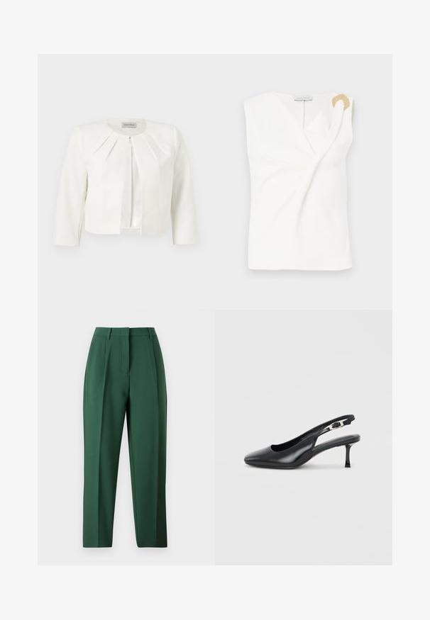 Blazer blanc court à manches trois-quarts avec des détails plissés autour du col, par Anna Field.; Blouse sans manches blanche avec un design croisé, présentant un détail décoratif en forme d'anneau doré sur l'épaule droite.; Pantalon vert au design structuré, avec un devant plat, des jambes droites et une texture lisse. Pas de poches visibles ni d'embellissements.; Chaussure slingback noire en cuir à bout pointu avec un petit talon aiguille bas et une bride réglable à boucle sur un fond clair uni.