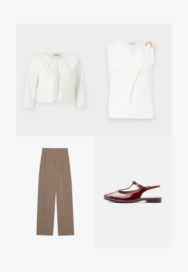Hvit kort blazer med trekvartlange ermer og plisserte detaljer rundt kragen fra Anna Field.; Ermeløs hvit bluse med innpakningsdesign, med en dekorativ ring detaljer i gulltone på høyre skulder.; Brune plis bukser med en vid ben design, med en flad talje og sidelommer, lavet af et letvægtsstof.; Blank burgunderfarget lavhæl slingback-sko med T-strap, spiss tå og justerbar spenne på ensfarget hvit bakgrunn.