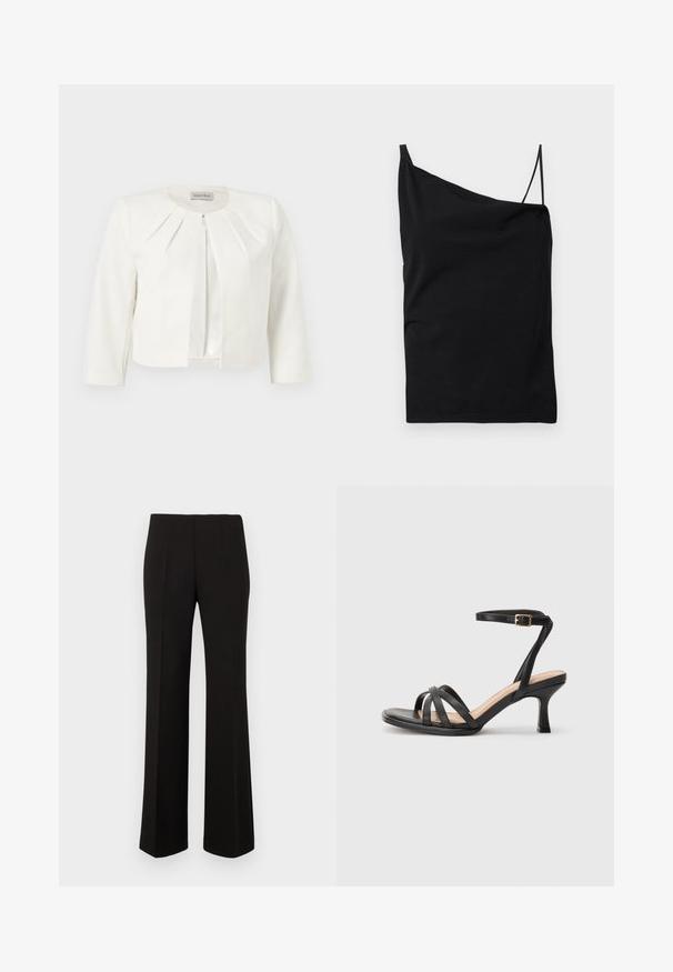 Witte cropped blazer met driekwartsmouwen en geplooide details rondom de kraag van Anna Field.; Zwarte asymmetrische cami-top met een brede en een smalle band, gemaakt van gladde stof, plat gelegd op een witte achtergrond.; Zwarte op maat gemaakte rechte broek met een hoge taille en voor plooien, weergegeven tegen een effen achtergrond.; Zwarte sandalen met hakken, voorzien van meerdere dunne banden over de tenen, een enkele enkelband met een gouden gesp en een vierkante neus.