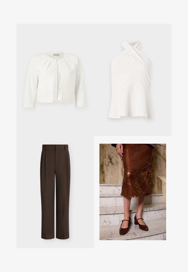 Hvid cropped blazer med trekvartlange ærmer og plisseret detaljer omkring kraven fra Anna Field.; Hvid ærmeløs top med krydset halterhalsudskæring og udvidet nederdel, vist mod en ensartet lys baggrund.; Straight-cut mørkebrune formelle bukser med bæltestropper og forvejs folder, vist på en ensfarvet lys baggrund.; Kvinne iført en brun paljettemidi-skjørt og mørkebrune krokodille-teksturerte Mary Jane-hæler som står på marmortrapper.