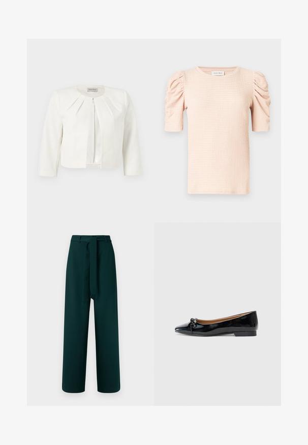 Hvid cropped blazer med trekvartlange ærmer og plisseret detaljer omkring kraven fra Anna Field.; Lyserød bluse med korte ærmer og puffede skuldre, tekstureret stof og rund halsudskæring. Mærket lyder "ANNA FIELD."; Grønne bukser med vidt ben, bæltestropper, et bundet stofbælte og en glat tekstur; har høj talje og uden synligt mønster.; Sorte patenterede læderballetsko med spidse tæer, lille sløjfedetail foran og en lav, firkantet hæl. Glat, skinnende tekstur.
