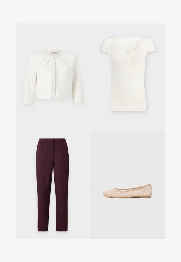Hvid cropped blazer med trekvartlange ærmer og plisseret detaljer omkring kraven fra Anna Field.; Hvid ribstrikket kortærmet top med bølgekant, V-hals med blonder og tre små knapper foran.; Burgunderrøde bukser med lige ben og en glat tekstur, der har en flad front og ingen synlige lommer. Skræddersyet design med en klassisk pasform.; Balletflade med spids tå, lavet af vævet beige materiale, med en fleksibel sål og en glat kant.