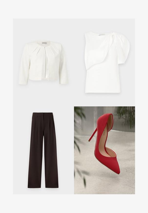 Hvid cropped blazer med trekvartlange ærmer og plisseret detaljer omkring kraven fra Anna Field.; Hvid ærmeløs top med asymmetrisk lagdelt stofdetalje og rynket puf på den ene skulder, liggende fladt på hvid baggrund.; Mørkebrune bukser med vide ben, plisseringer og bæltestropper, med lynlås foran og ren kant mod en ensfarvet baggrund.; Rød højhælet sko med spids tå og glat ruskindsoverflade. Har en stiletto-hæl og en guldaccent ved hælens bund.