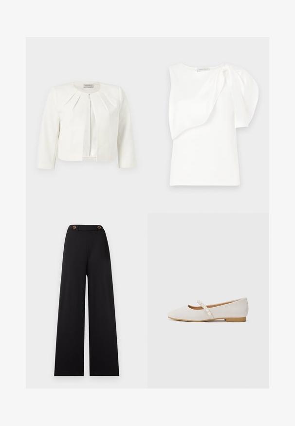 Hvid cropped blazer med trekvartlange ærmer og plisseret detaljer omkring kraven fra Anna Field.; Hvid ærmeløs top med asymmetrisk lagdelt stofdetalje og rynket puf på den ene skulder, liggende fladt på hvid baggrund.; Sorte bukser med vide ben og høj talje, der har to brune knapper og et glat, tekstureret stof. Ingen mønstre eller yderligere accenter.; Flade sko i blødt beige materiale med en spids tådesign. Har en dekorativ rem med hvide perledetaljer. Lav hæl.