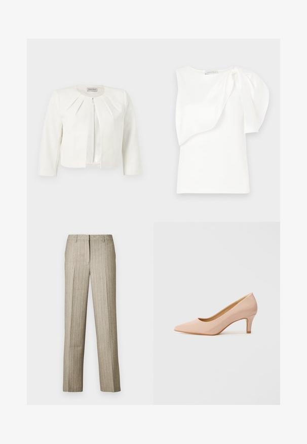 Hvid cropped blazer med trekvartlange ærmer og plisseret detaljer omkring kraven fra Anna Field.; Hvid ærmeløs top med asymmetrisk lagdelt stofdetalje og rynket puf på den ene skulder, liggende fladt på hvid baggrund.; Beige bukser med nålestriber og et lige ben-design, der har en struktureret linning og en subtil tekstur i hele stoffet.; Pointeede tå, patentpinks højhælede sko med lav hæl, der har en glat, blank finish og et subtilt åbent v-formet snit foran.