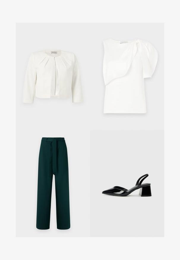 Witte cropped blazer met driekwartsmouwen en geplooide details rondom de kraag van Anna Field.; Witte mouwloze top met asymmetrisch gelaagd stoffen detail en geplooide pof op één schouder, plat gelegd op een witte achtergrond.; Groene broek met een wijdere pijp, riemlussen, een stoffen riem om te strikken en een gladde textuur; heeft een taille met hoge taille en geen zichtbaar patroon.; Zwarte gepatineerde leren slingback hakken met een spitse neus en een geometrische blokhak. Kenmerkt zich door een slank, minimalistisch ontwerp en een gladde textuur.