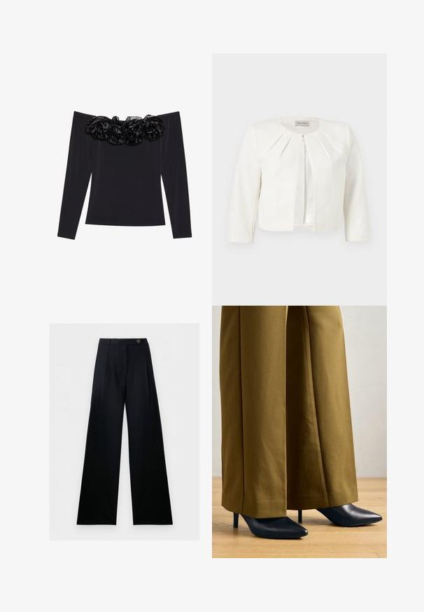 Hvid cropped blazer med trekvartlange ærmer og plisseret detaljer omkring kraven fra Anna Field.; Sort off-shoulder top med lange ærmer, der har en tekstureret blomsterkant i sort velour langs halsudskæringen.; Sorte, brede bukser med høj talje, forsideknapper og bæltestropper, vist mod en hvid baggrund.; Sorte spidse højhælede sko med en let glans, båret med brede, sennepsfarvede bukser. Glat tekstur og stiletto-hæl design.