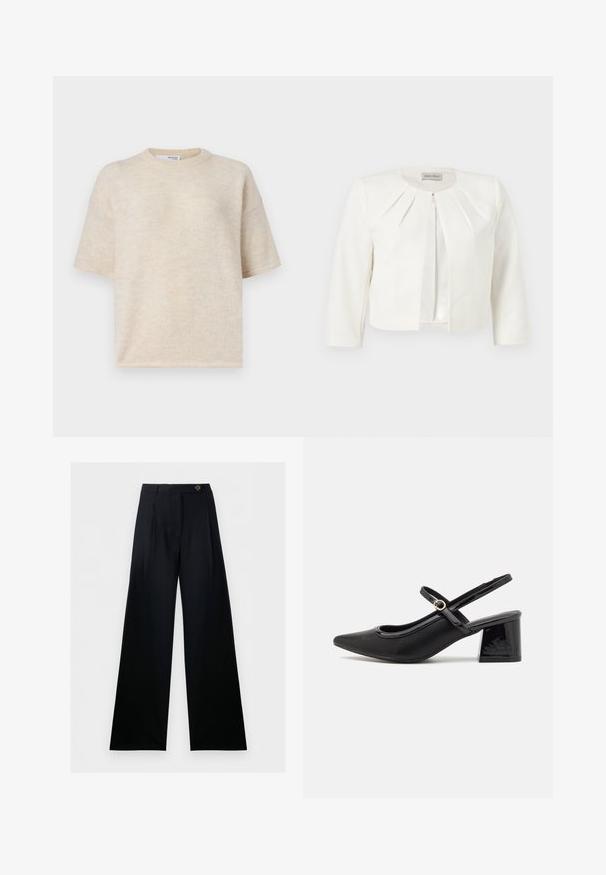 Witte cropped blazer met driekwartsmouwen en geplooide details rondom de kraag van Anna Field.; Beige gebreide top met korte mouwen, een ronde halslijn, zachte textuur en een losse pasvorm. De stof vertoont subtiele kleurvariaties.; Zwarte, wijde, op maat gemaakte broek met hoge taille, knoopsluiting aan de voorkant en riemlussen, weergegeven tegen een witte achtergrond.; Zwarte gepolijste leren slingback hakken met een spitse neus, een ronde uitsnede en een blokhak. Voorzien van een gouden gespaccent.