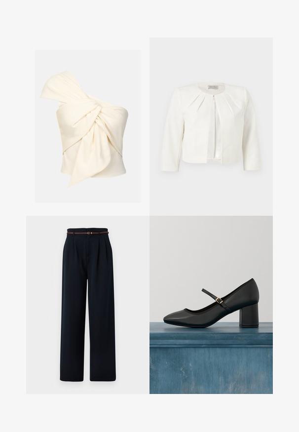 Witte cropped blazer met driekwartsmouwen en geplooide details rondom de kraag van Anna Field.; Crème top met één schouder, gemaakt van een soepele stof, met een grote gedraaide knoopdetail aan de voorkant en een aansluitende pasvorm.; Zwarte hoogtailored, wijde broek met plooien en een dunne, bruine gevlochten riem, weergegeven op een witte achtergrond.; Zwarte Mary Jane-schoen met blokhak en gouden gesp, zwevend boven een gladde betonnen vloer in een minimalistische binnenomgeving.