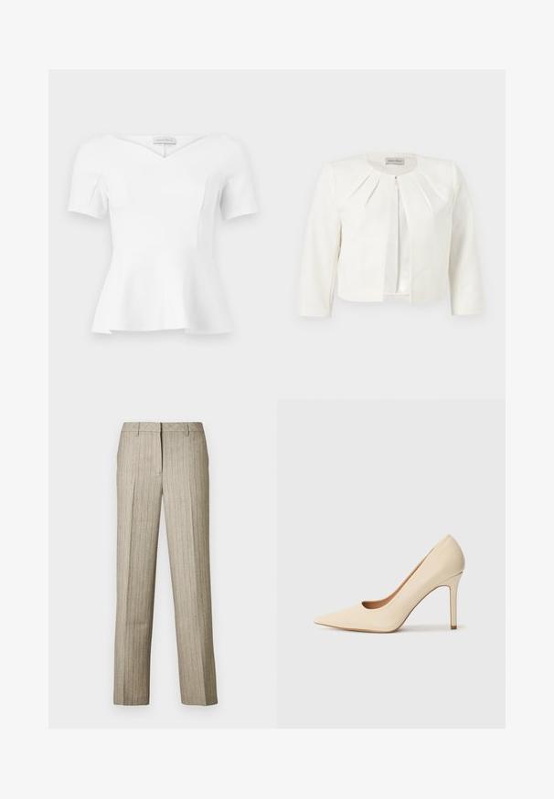 Blazer blanc court à manches trois-quarts avec des détails plissés autour du col, par Anna Field.; Haut blanc à manches courtes avec basque, encolure en cœur et taille cintrée, étiquette "Anna Field" visible à l'intérieur du col.; Pantalon beige à fines rayures avec une coupe droite, doté d'une ceinture structurée et d'une texture subtile sur l'ensemble du tissu.; Escarpin en cuir beige à talon haut avec un bout pointu et un détail découpé sur le côté, possédant un talon stiletto fin pour le soutien.