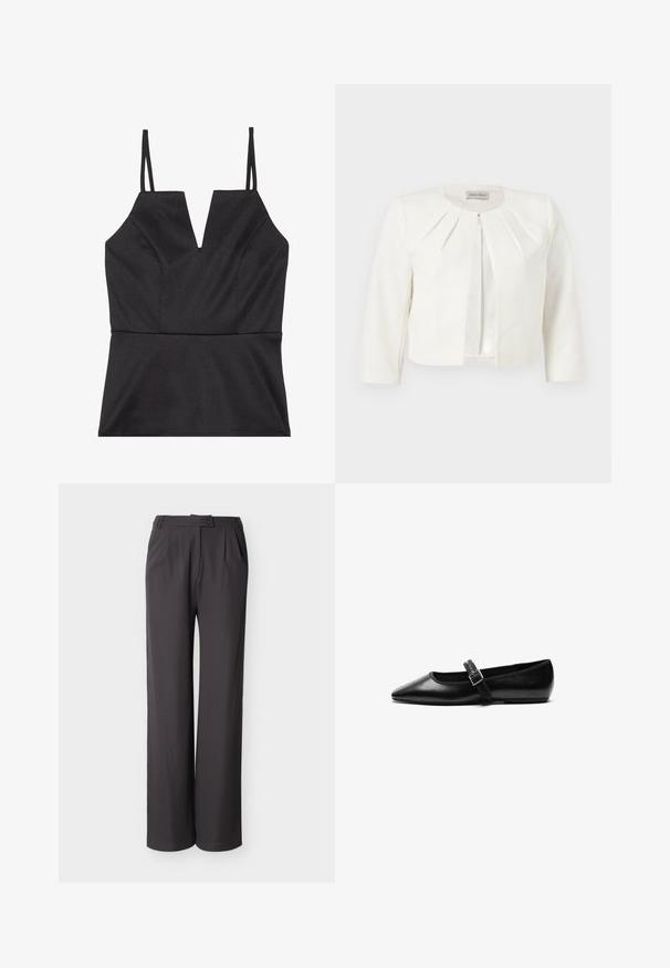 Hvid cropped blazer med trekvartlange ærmer og plisseret detaljer omkring kraven fra Anna Field.; Sort ærmeløs top med V-udskæring, der har en tætsiddende liv, glat tekstur og tynde justerbare stropper.; Højttaljede, vidde-ben, mørkegrå bukser med forplisseringer foran, sidelommer, bæltestropper og knaplukning i taljen.; Sorte flade sko lavet af læder med spidse tæer, justerbar rem med metalspænde, glat tekstur og minimalistisk design.