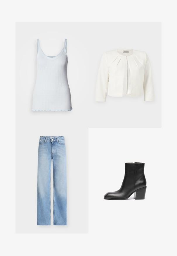 Hvid cropped blazer med trekvartlange ærmer og plisseret detaljer omkring kraven fra Anna Field.; Lyseblå top med tynde stropper og søde hjertemønstre, lavet af tekstureret stof med et sweetheart-udskæring og en bølget kant.; Lyseblå jeans med et design med lige ben, fem-lomme-stil og en klassisk knaplukning i taljen. Glat denimtekstur.; Sort læder ankelstøvle med firkantet tå og kraftig blokhæl. Glat tekstur og minimalistisk design. Sidelukning for nem påklædning.