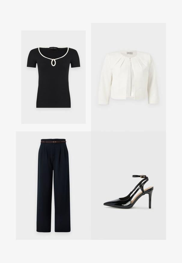 Blazer blanc court à manches trois-quarts avec des détails plissés autour du col, par Anna Field.; Haut noir à manches courtes en maille côtelée avec bordure blanche autour de l'encolure en U et une petite découpe en forme de goutte d'eau maintenue par un bouton doré.; Pantalon noir taille haute à jambes larges avec plis et une fine ceinture tressée marron, présenté sur un fond blanc.; Escarpin en cuir verni noir à talon haut, avec un bout pointu, une bride réglable à la cheville et des côtés ouverts. Texture lisse.