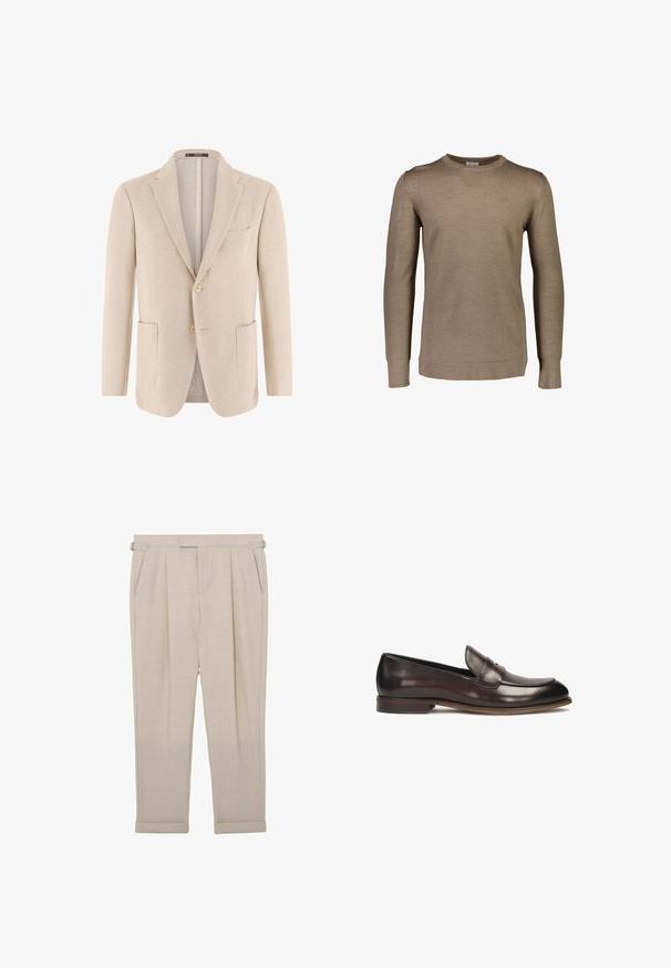 Lyse beige herreblazer med to forlommer, enkeltkneppet lukning med to knapper og slag med hak, tekstureret stof.; Lysebrun langærmet striktrøje med rund halsudskæring. Fremstillet af blødt materiale, med ribstrikkede manchetter og et diskret logo på brystet.; Beige skræddersyede bukser med justerbare stropper i siderne, plisseringer, sidelommer og opsmøgede kanter, vist fladt på en hvid baggrund.; Mørkebrune læder loafers med en afrundet tå, hævet syning og en let hæl. Glat tekstur og klassisk design.