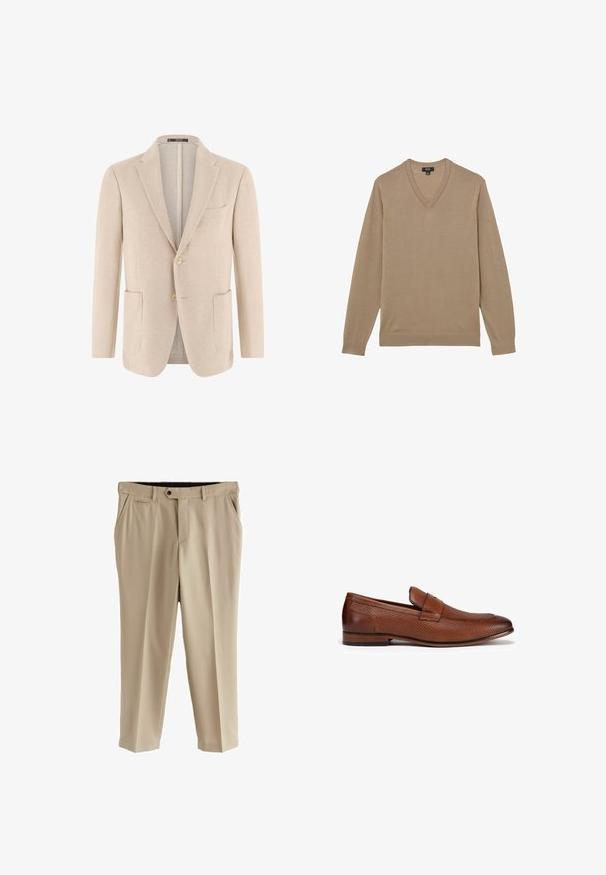 Blazer beige claro para hombre con dos bolsillos delanteros de parche, cierre de dos botones abotonados y solapas con muesca, tela texturizada.; Suéter beige de manga larga con escote en V. Confeccionado en un material de punto suave y ligero, con dobladillo y puños acanalados. Diseño simple y clásico.; Pantalones beige hechos de tela suave, con un frente plano, bolsillos laterales y un bolsillo trasero. Cintura estándar con cierre de botón.; Mocasines de cuero marrón con un patrón tejido texturizado, puntera redondeada y una pequeña correa en la parte superior. Tacón plano para mayor comodidad.