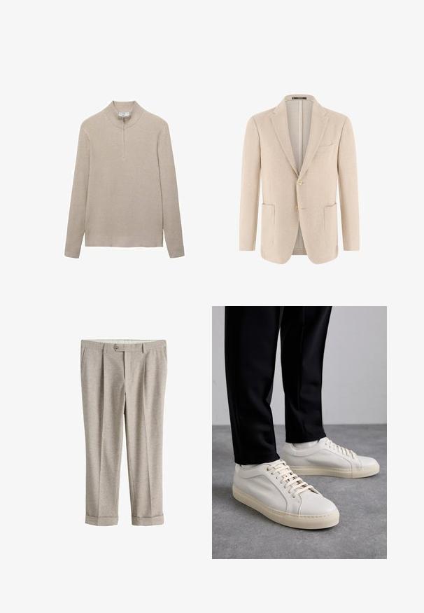 Lichtbeige herenblazer met twee opgestikte voorzakken, een twee-knoopsluiting aan de voorkant, en een notch-revers, van gestructureerde stof.; Beige geribbelde trui met een hoge kraag en eenhalve ritssluiting. Lange mouwen en een aansluitende zoom benadrukken de textuurrijke uitstraling.; Lichtbeige op maat gemaakte broek met knoopsluiting, riemlussen, zijzakken en omgeslagen zomen.; Lichtbeige leren sneakers met platte veters, een gestructureerd oppervlak en een contrasterende crème-kleurige rubberen zool, gecombineerd met zwarte taps toelopende broek.