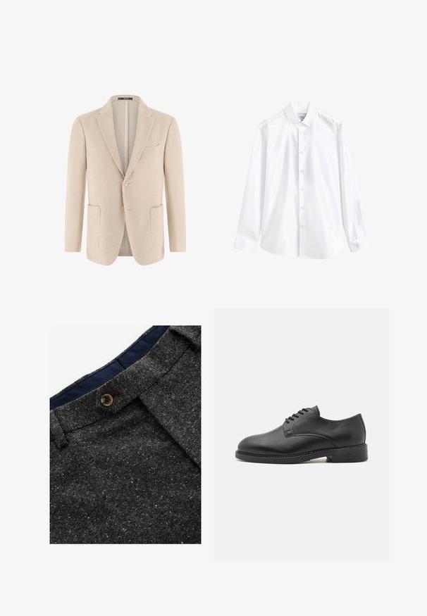 Lyse beige herreblazer med to forlommer, enkeltkneppet lukning med to knapper og slag med hak, tekstureret stof.; Hvid langærmet skjorte med knapper, knaplukket krave, synlig mærkat indeni nakken og plisserede manchetter på ærmerne.; Grå uldblandede bukser med en spottet tekstur. Har en spids talje, knaplukning og marineblå inderside.; Sort læder oxford sko med en rund tå, der har en glat overflade, fem huller til snørebånd og en lav stablet hæl.