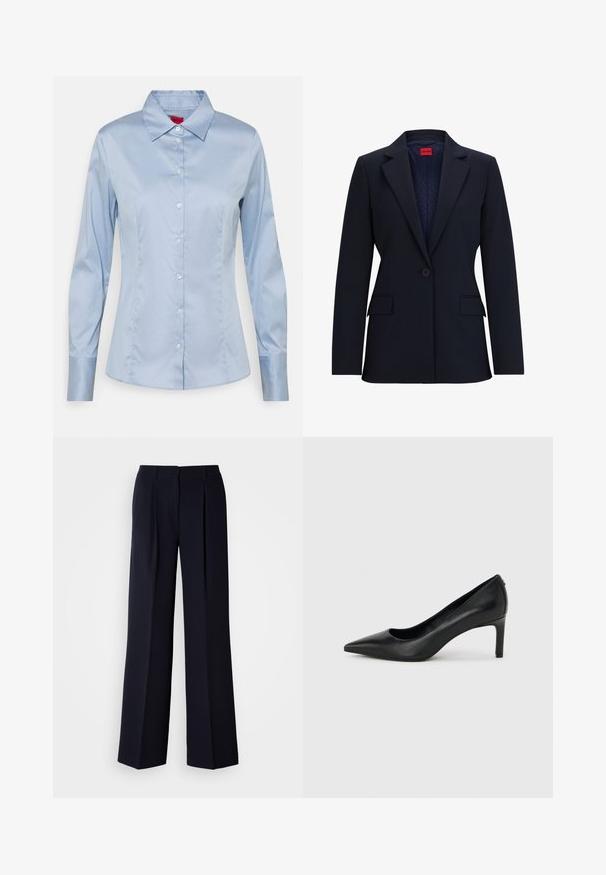 Marineblazer met een geknipt revers, enkele knoopsluiting en twee voorzakken. De binnenkant heeft een patroonvoering met een rode label.; Lichtblauw button-up shirt van gladde stof, met een klassieke kraag, lange mouwen en een rechte pasvorm met subtiele stikseldetails.; Marineblauwe wijde broekspijpen met plooien, vervaardigd uit gladde stof. Voorzien van een getailleerde tailleband en een gestroomlijnde silhouet.; Zwarte leren pumps met een spits toelopende neus en een slanke, middelhoog hak, afgebeeld tegen een effen lichtgrijze achtergrond.