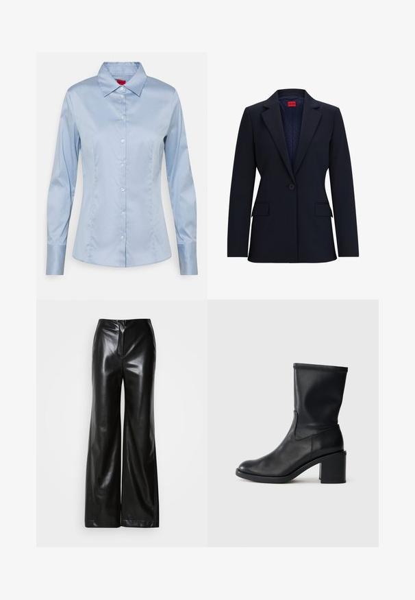 Marineblazer met een geknipt revers, enkele knoopsluiting en twee voorzakken. De binnenkant heeft een patroonvoering met een rode label.; Lichtblauw button-up shirt van gladde stof, met een klassieke kraag, lange mouwen en een rechte pasvorm met subtiele stikseldetails.; Zwarte leren wijde broek met een gladde textuur, hoge taille en een verborgen ritssluiting aan de voorkant. Tailored fit met een nette afwerking.; Zwarte leren enkellaars met een ronde neus, een gladde textuur en een chunky hak, met een strak schacht en subtiele stiksels.