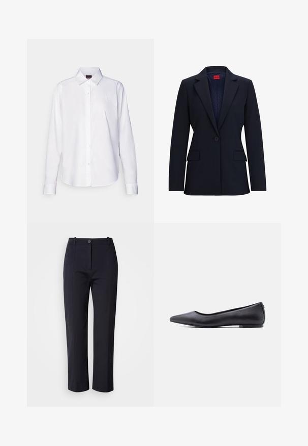 Blazer marine avec revers cranté, fermeture à un bouton et deux poches avant. L'intérieur présente une doublure à motif avec une étiquette rouge.; Chemise blanche à manches longues, boutonnée, fabriquée en coton. Comprend un col classique et une broderie de marque discrète sur la poitrine. Texture lisse.; Pantalons bleu marine à jambe droite, confectionnés dans un tissu lisse. Comprend des poches avant et une fermeture à bouton à la taille.; Chaussure plate en cuir noire à bout pointu avec petit talon, vue de profil sur fond blanc.