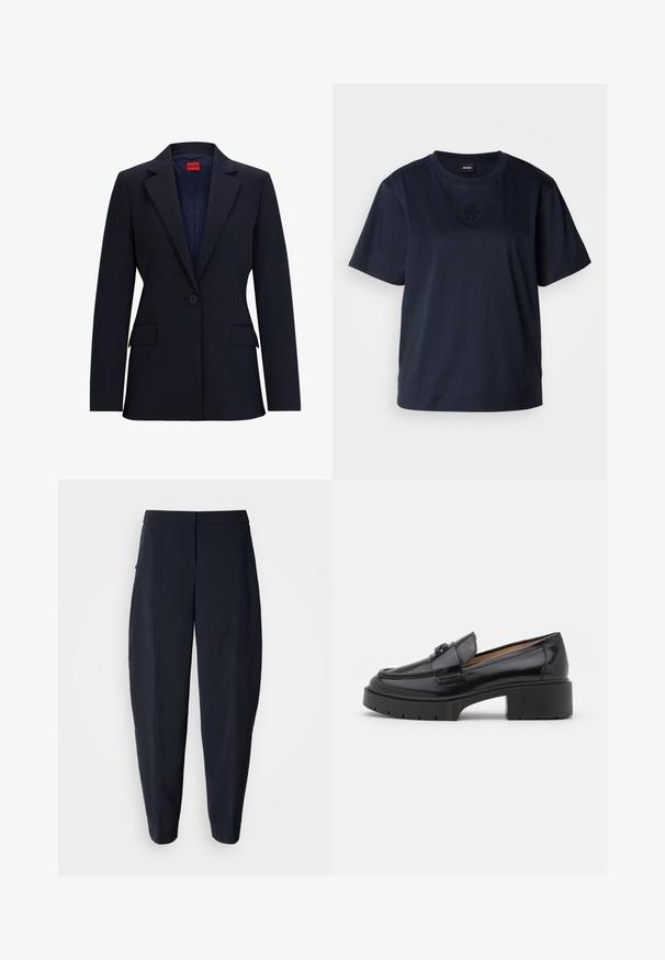 Marineblazer mit Reverskragen, einem Knopfverschluss und zwei Vorderentaschen. Das Innenfutter hat ein gemustertes Design und ein rotes Etikett.; Marineblaues T-Shirt mit kurzen Ärmeln aus weicher Baumwolle. Hat einen runden Halsausschnitt und ein dezentes gesticktes Logo auf der Brust.; Marineblaue, schmal zulaufende Hose mit mittelhohem Bund und seitlichen Taschen, mit dezenten Nahtdetails entlang der Beine.; Schwarze Lederloafer mit niedrigem Blockabsatz, runder Zehenform, dekorativem Riemen und strukturiertem Steppdetail im Obermaterial. Glatte Oberfläche.