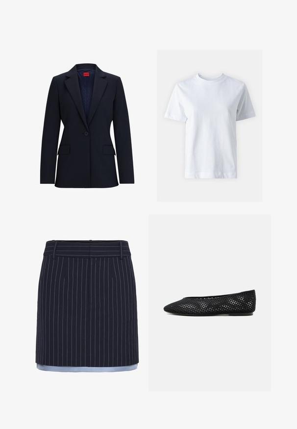 Blazer marine avec revers cranté, fermeture à un bouton et deux poches avant. L'intérieur présente une doublure à motif avec une étiquette rouge.; T-shirt en coton blanc avec un col rond, manches courtes, coupe droite et texture lisse. Sans motifs ni embellissements.; Jupe bleu marine à rayures, avec une coupe droite, mettant en valeur des accents bleu clair au niveau de l'ourlet, fabriquée dans un tissu texturé et dotée d'une ceinture large.; Chaussure plate en mesh noir avec bout fermé et petit talon, présentant un design tissé respirant et un logo discret sur le côté.