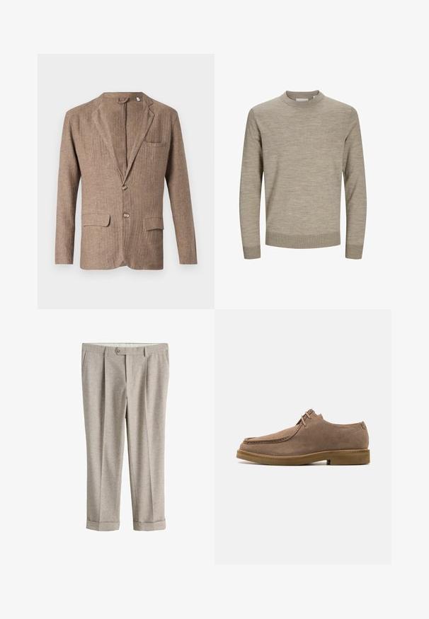 Brauner Leinenblazer mit Reverskragen, zwei Vorderaschen, einer Brusttasche und einer Ein-Knopf-Verschluss, der eine strukturierte Optik aufweist.; Beiger Pullover mit Rundhalsausschnitt und langen Ärmeln, mit gerippten Bündchen und Saum, auf weißem Hintergrund präsentiert.; Hellbeige maßgeschneiderte Hose mit Knopfverschluss, Gürtelschlaufen, Seitentaschen und gekrempelten Säumen.; Zign LEATHER - Sportlicher Schnürer - taupe