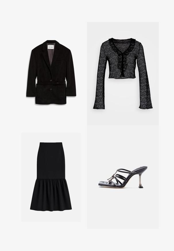 Sort kordfløjl blazer med en skræddersyet pasform, to knapper, bælte i taljen og frontlommer. Foret inderside i en kontrasterende farve.; ONLY ONLJESSICA FRILL - Langærmet T-shirt - black; Sort midi-nederdel lavet af strækbart stof, med en tætsiddende talje og en udvidet, rynket bund med en glat tekstur.; Sort højhælet sandal med stropper, firkantet tå og tynd stilet hæl, med overlappende stropper og en knudedetalje på overdelen.