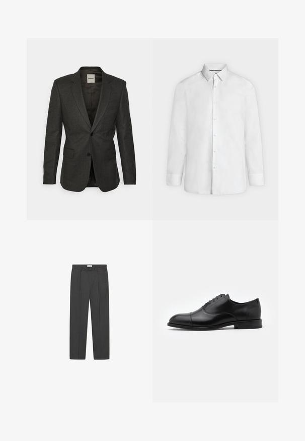sandro Americana - anthracite; Camisa blanca de vestir de manga larga con cuello abierto y puños abotonados, mostrada de frente sobre un fondo liso gris claro.; Pantalones grises a medida con un sutil patrón de cuadro, tejido texturizado y pliegues delanteros, presentando una cinturilla con pasadores para cinturón.; Zapato de vestir de cuero negro con punta redonda, diseño con cordones y detalles de costura sutiles. Presenta un tacón bajo y una textura suave.