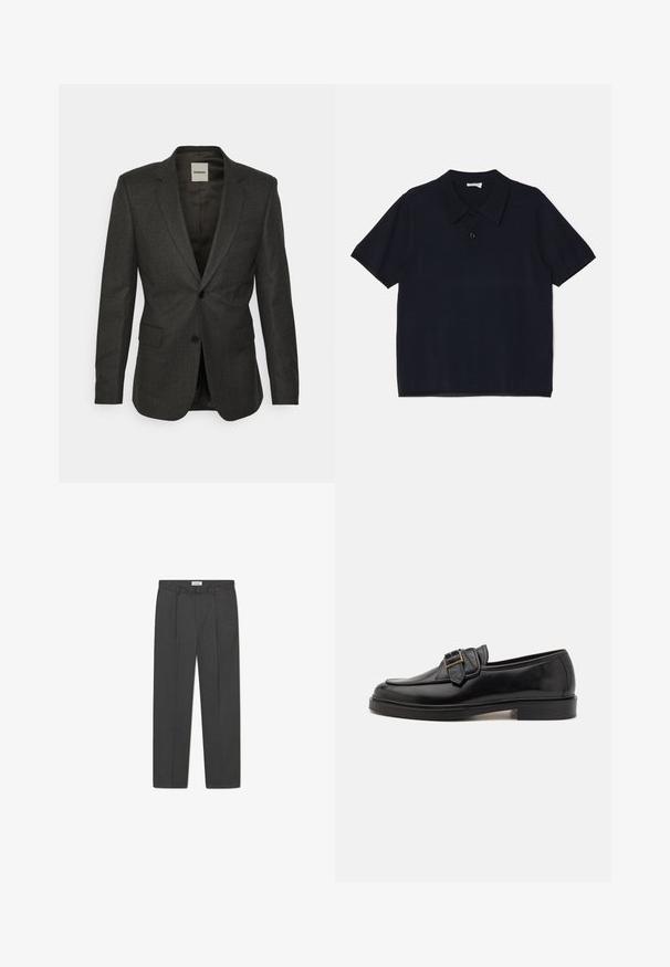 sandro Americana - anthracite; Polo negro de manga corta, hecho de una tela suave y ligera. Presenta un cuello clásico y un cierre frontal con botones.; Pantalones grises a medida con un sutil patrón de cuadro, tejido texturizado y pliegues delanteros, presentando una cinturilla con pasadores para cinturón.; Mocasines de cuero negro con punta redonda y un acento decorativo de hebilla. Tacón plano y sólido, con una textura suave en todo el zapato.