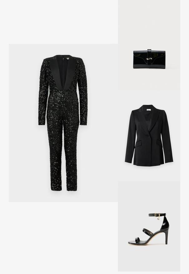 Schwarzer Ein-Knopf-Blazer mit Notch-Revers, Pattentaschen, langen Ärmeln und taillierter Passform.; Schwarzer, bodenlanger Overall, der mit glänzenden Pailletten bedeckt ist, mit langen Ärmeln und breitem satiniertem Reverskragen.; Schwarze Lackleder-Sandale mit drei Riemen, Knöchelriemen und 10 cm hohen Stiletto-Absatz. Verfügt über goldfarbene Hardware-Details und ein Logo-Charm.; Schwarze glänzende rechteckige Brieftasche mit einem vorderen Riemen und silberner Metallverschluss, vor einem schlichten weißen Hintergrund.
