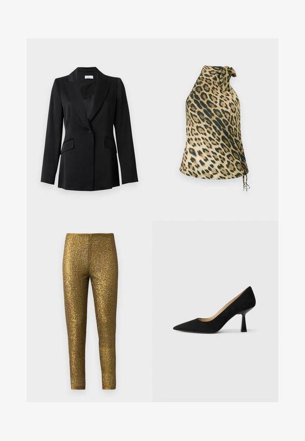 Zwart singelbutton colbert met notch revers, klepzakken, lange mouwen en een getailleerde pasvorm.; Leopardprint haltertop van zachte stof. Heeft een striksluiting in de nek en decoratieve koordjes aan de onderkant. Kleurenpalet met beige en donkergroen.; Gouden metallic legging met een getextureerd, verticaal streep patroon. De stof heeft een glanzende afwerking en een slanke, aansluitende pasvorm.; Zwarte suède high-heeled pump met een spitse neus, voorzien van een glanzende zwarte blokhak en een gladde binnenvoering.