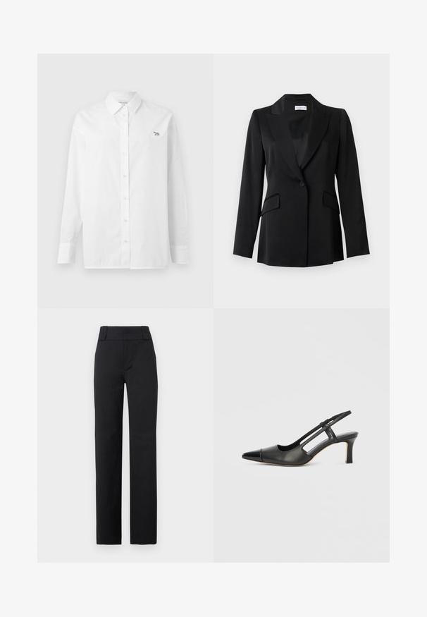 Schwarzer Ein-Knopf-Blazer mit Notch-Revers, Pattentaschen, langen Ärmeln und taillierter Passform.; Weißes Longsleeve-Hemd aus Baumwolle mit einem Knopf-down-Kragen, Frontknöpfen und einem kleinen gestickten Logo auf der linken Brust.; Schwarze, gerade geschnittene Hose mit hohem Bund, breiten Gürtelschlaufen, vorderem Reißverschluss und tailliertem Schnitt, geeignet für formelle Anlässe oder Büro.; Schwarzer Slingback-Schuh aus Leder mit spitz zulaufender Zehenpartie, versehen mit glänzendem Akzent auf der Vorderkappe und mittelhohem Absatz. Offenes Seitendesign.