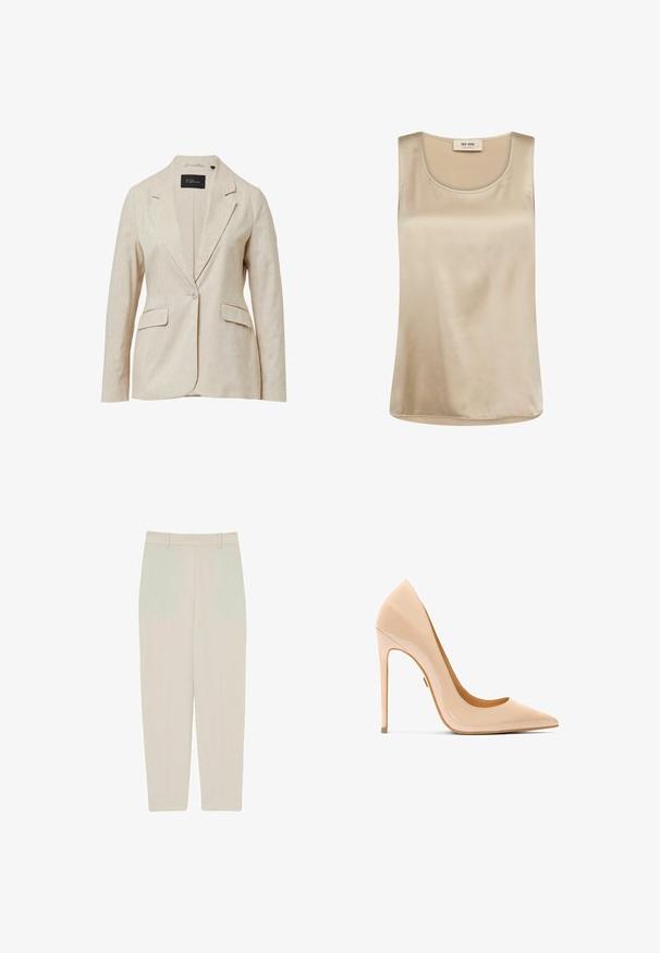 Beige blazer gemaakt van gestructureerde stof, met een notch kraag, sluiting met één knoop en twee voorkassen. Gevoerde binnenkant voor comfort.; Mouwloze beige satijnen top met ronde hals en Mos Mosh-label aan de binnenzijde van de kraag.; Beige rechte broek met een gladde textuur, met een hoge taille, voorplooien en strakke lijnen voor een gekleed figuur.; Naaktkleurige pumps van lakleer met hoge hak, puntige neus, slank silhouet en een stilettohak, met een gladde, glanzende textuur.