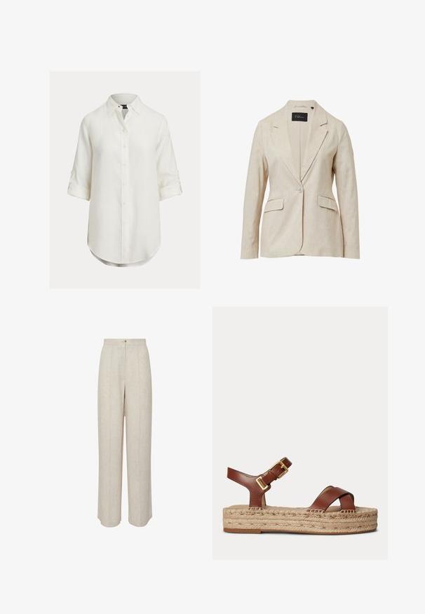 Beige Blazer aus strukturiertem Stoff, mit Reverskragen, Ein-Knopf-Verschluss und zwei Vorderaschen. Futter für zusätzlichen Komfort.; Weißes Leinenhemd mit Knopfleiste, langen hochgekrempelten Ärmeln, geschwungenem Saum und klassischem Kragen. Dezente Textur, weicher Stoff.; Beige Leinenhose mit hoher Taille, ausgestattet mit einem Knopfverschluss vorne, zwei Seitentaschen und einem entspannten, geraden Schnitt.; Braune Ledersandale mit verstellbarem goldfarbenem Schnallenriemen und geflochtener Jute-Plateausohle vor hellem einfarbigem Hintergrund.