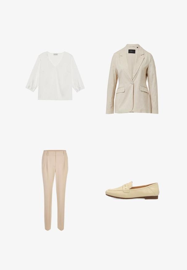 Beige blazer gemaakt van gestructureerde stof, met een notch kraag, sluiting met één knoop en twee voorkassen. Gevoerde binnenkant voor comfort.; Witte blouse met lange mouwen, een diepe V-hals, zacht satijnachtig materiaal en gathered manchetten voor een relaxed fit.; Beige op maat gemaakte slim-fit broeken met een voorplooi, riemlussen en een schone tailleband, tentoongesteld tegen een witte achtergrond.; Beige leren loafer met een klein gouden knopdetail, lage hak en gestikte moc toe design, getoond in zijaanzicht.