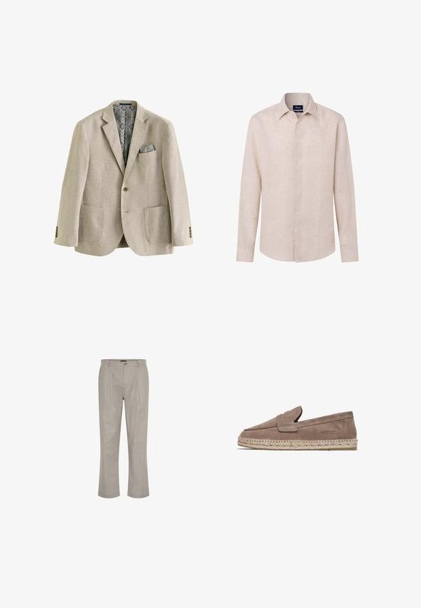 Blazer en lin couleur sable avec un col cranté, deux poches avant et une doublure intérieure à motifs. Inclut un mouchoir assorti.; Façonnable Chemise - grain beige; Pantalons en lin gris clair avec une coupe droite, présentant une fermeture à un bouton et deux plis à l'avant pour plus de détails.; FRED MARTIN COLLECTION MARBELLA - Espadrilles - taupe suede