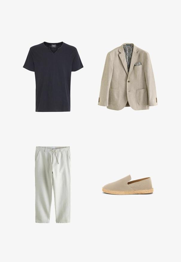 Sanda värvi lina bleiser, millel on sakilised kraed, kaks esist pocketit ja mustriga sisemus. Komplektil on kaasas ka vastav taskurätik.; Lühikeste varrukatega must T-särk, millel on V-kujulise lõikega kaelus ja lihtne, kaunistusteta disain, esitatud valgel taustal.; Heledat beeži vabaaja püksid nööriga vöökohas, küljetaskute, vööaasade ja sirgete säärega.; Beežist seemisnahast libistatavad espadrillid juustiga mähitud taldse ja madala kontsaga, külgvaade valgel taustal.
