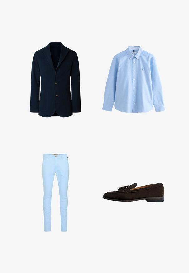 Navyblauw herenblazer met twee bruine knopen, inkeping revers en twee voorzakken met klep, weergegeven op een witte achtergrond.; Next SLIM FIT - LONG SLEEVE OXFORD SHIRT . - Overhemd - light blue; Lichtblauwe katoenen chino's met een slim fit, voorzien van een sluiting met knopen aan de voorkant, riemlussen en een gladde textuur. Geen zichtbare patronen of accenten.; Bruine suède loafers met kwastdetail, ronde neus, leren voering en een gestapelde hak. Kenmerkt zich door ton-sur-ton stiksel en uitsparingen aan de zijkanten.