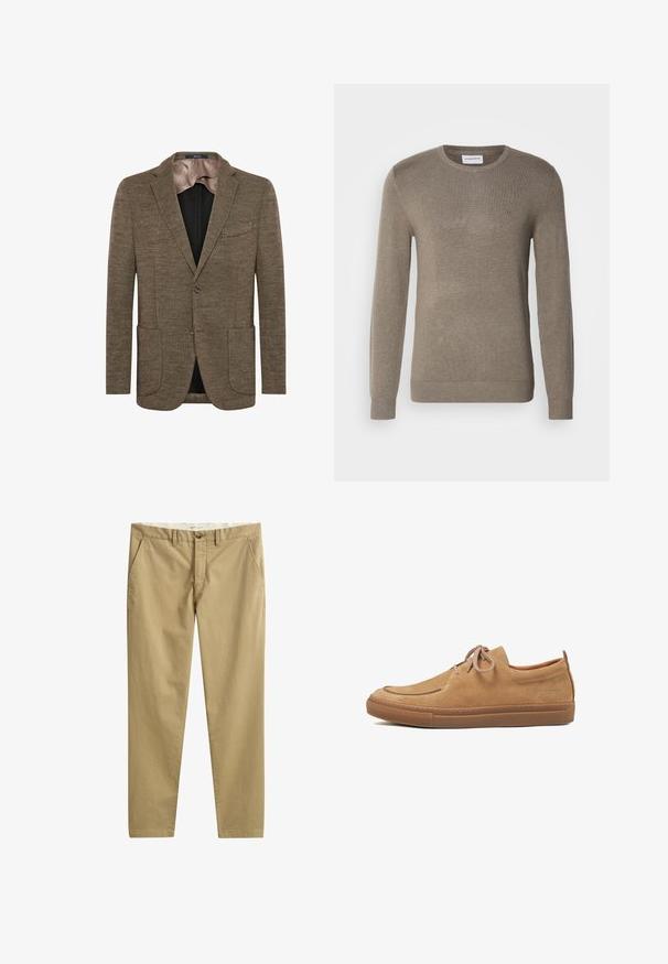 Bruine wollen blazer van een wolmix met aangeknipte revers, twee voorzakken en een enkele knoopsluiting. Glad binnenvocht, klassiek pasvorm ontwerp.; Khaki-kleurige trui gemaakt van zacht gebreid materiaal, met een ronde halslijn, lange mouwen en een subtiele geborduurde logo op de borst.; Beige casual broek met rechte pijpen, zijzakken, riemlussen, knoopsluiting en ritssluiting, gemaakt door het merk GANT.; Casual schoenen van suède in tan met een ronde neus, vetersluiting en een rubberen zool. Voorzien van stikdetails en een klein logo aan de zijkant.