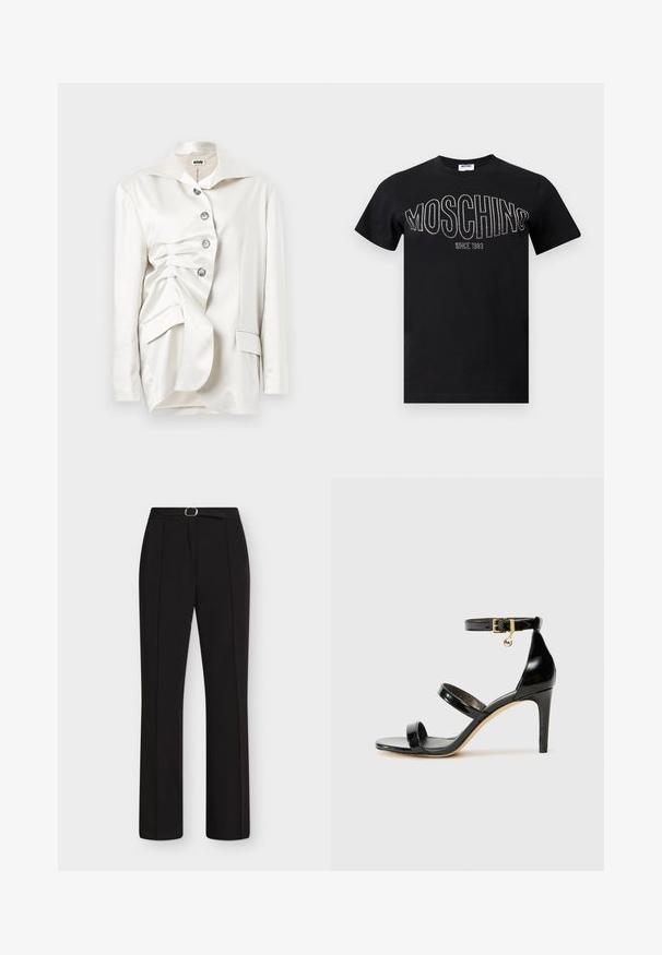 Hvid satinjakke med en struktureret design, der har knappelukning foran, oversized krave og draperet stofdetalje på den ene side.; Sort bomuld t-shirt med rund halsudskæring og korte ærmer. "MOSCHINO" i rhinsten over brystet, med "SINCE 1983" nedenunder.; Sorte bukser med lige ben, frontbukser og et matchende sort bælte med sølvspænde, vist på en hvid baggrund.; Sorte patenterede lædersandaler med tre stropper, ankelspænde og 10 cm stiletthæl. Har detaljer i guld og et logo charms.