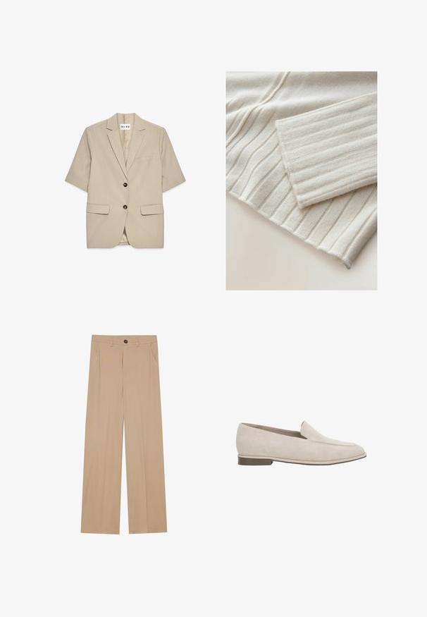 NA-KD SHORT SLEEVE - Blazer - taupe; Pull en maille côtelée de couleur beige clair. Présente une texture douce avec des lignes verticales et un poignet replié. Le matériau semble confortable et chaud.; Pantalons larges beiges avec une texture lisse, dotés de deux poches latérales, d'une fermeture à bouton à l'avant et de plis subtils pour plus de détails.; Mocassin beige en daim, à enfiler, avec un petit talon, un bout pointu et peu de surpiqûres sur le dessus.