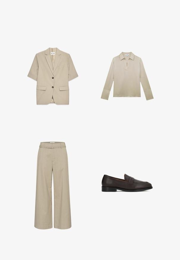 NA-KD SHORT SLEEVE - Bleiser - taupe; Pikkade varrukatega beež pluus V-kaelusega ja nööbitavate mansettidega, valgel taustal.; Heledad püksid helesinine kangaga, millel on vertikaalsed triibud, ja millel on vastav vöö ning dekoratiivne riistvara vöökohal.; Pruunid nahast loafersid, mis on sileda viimistlusega, ümarate varvastega ja kaunistava esiosa detailiga. Tugev tald ja peen konts.