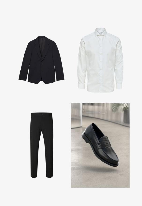 Zwart op maat gemaakte blazer met inkeping revers, twee voorste knopen, twee zijzakken en een borstzak, weergegeven op een witte achtergrond.; Wit overhemd met lange mouwen, knoopsluiting aan de voorkant en puntige kraag, afgebeeld tegen een witte achtergrond.; Zwarte slim-fit broek met knoop- en ritssluiting, riemlussen en rechte pijpen op een witte achtergrond.; Zwarte leren loafer met een gladde textuur, spitse neus en een decoratieve band over de wreef. Lichtgewicht zool, minimalistisch ontwerp.