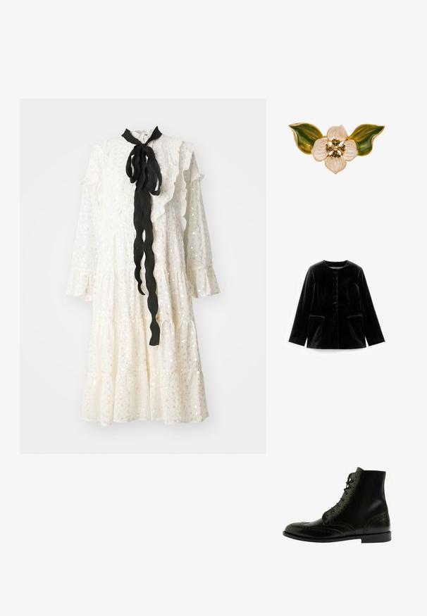 Schwarze Samt-Jacke mit langen Ärmeln, rundem Ausschnitt, Knopfverschluss und zwei Klappentaschen auf Taillenhöhe, flach auf weißem Hintergrund präsentiert.; Weißes Kleid mit Rüschenausschnitt und -ärmeln, versehen mit einer schwarzen Schleifenbindung und einem strukturierten Stoff mit Pailletten. Gestuften Design mit fließender Silhouette.; Schwarze Lederstiefelette mit Broguemuster, runder Zehenform, Schnürung vorne und glatter Textur sowie einem niedrigen, gestapelten Absatz.; Goldfarbene florale Brosche mit weißen Blütenblättern aus Emaille, grünen Blättern und grünen Perlenakzenten in der Mitte, mit glänzendem Finish und detaillierter Textur.
